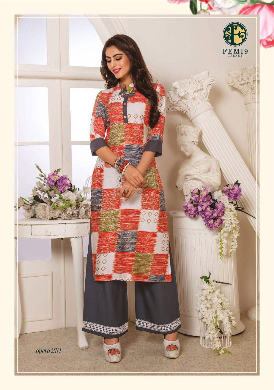 Opera Vol 2 By Femi9 Rayon Print Beautiful Kurtis With Palazzo Set Opera Vol 2 By Femi9 Rayon Print Beautiful Kurtis With Palazzo Set